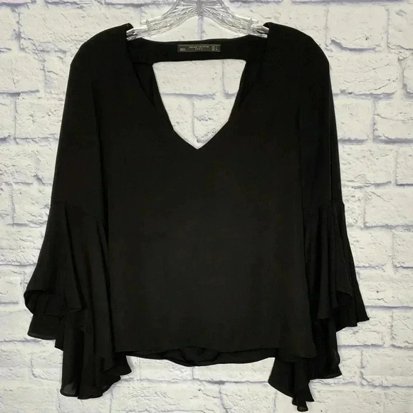Zara Black Ruffle Chiffon Sleeve Statement Sleeve Drape Back Top - Picture 3 of 6